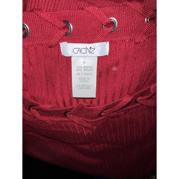 CACHE Women's Size M Burnt Red Knit Bodycon Midi Sweater Dress w/Lacing Trim - Picture 7 of 7